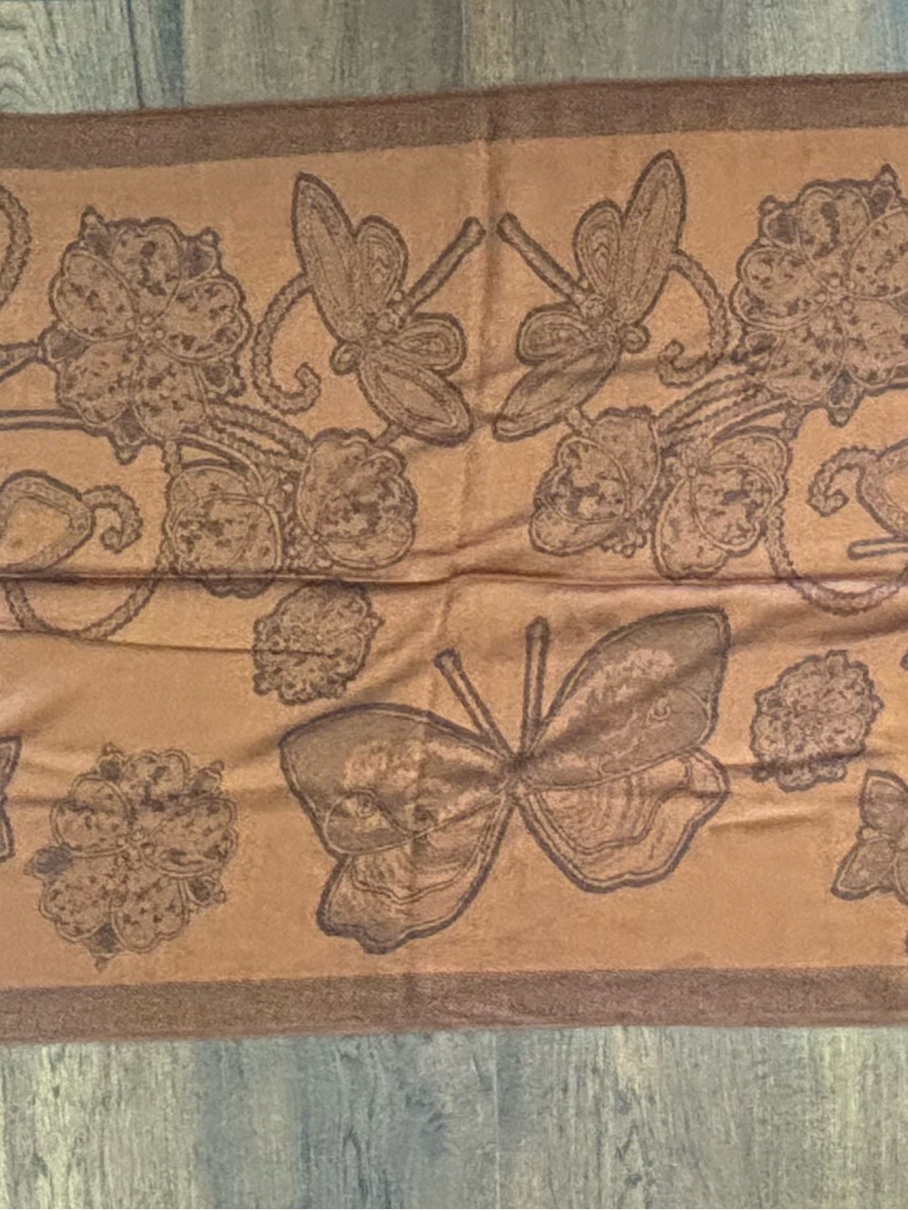 Butterfly & Floral Pattern Lightweight Wrap Scarf in Camel